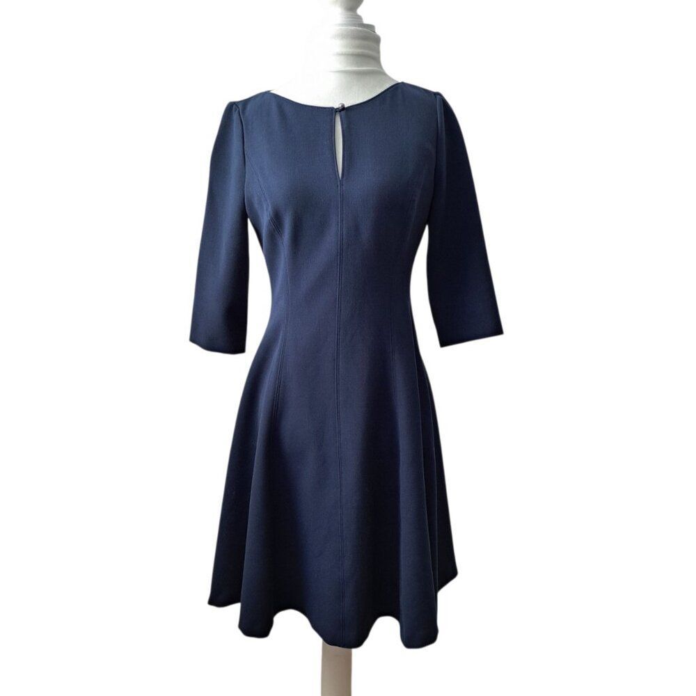 White House Black Market Women's Blue 3/4 Sleeve Fit Flare Line Dress Sz 4P